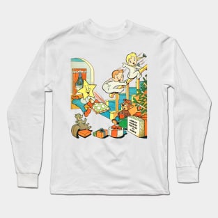 Happy children going down the stairs on Christmas morning to see the gifts that Santa Claus left under the pine tree Comic Retro Vintage Long Sleeve T-Shirt